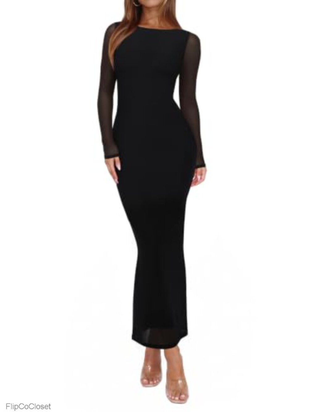 Sheer Mesh Floral Mermaid Bodycon Long Sleeve Maxi Dress Wedding Guest